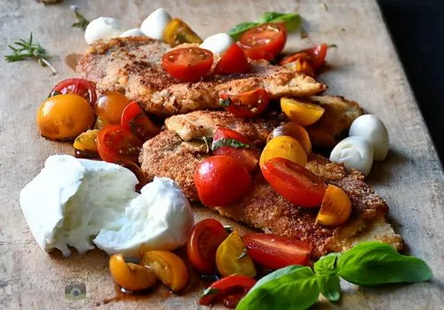 Șnițel din piept de pui / cu busuioc, prosciutto, salata de roșii și burrata