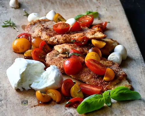 Șnițel din piept de pui / cu busuioc, prosciutto, salata de roșii și burrata